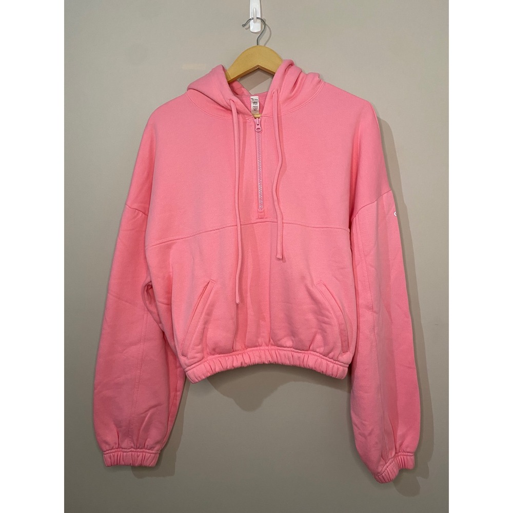 Alo Yoga Stadium Half Zip Hoodie NWOT Women Pink Cropped Fleece Sweatshirt Large